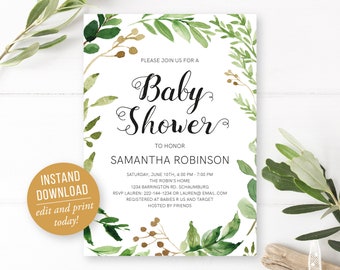 Greenery Baby Shower Invitation Template, Eucalyptus Baby Shower Invite, Instant Download, Editable PDF, Green Wreath Invite