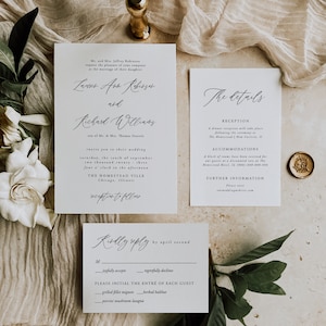 Ensemble élégant de faire-part de mariage, calligraphie, police élégante, mariage rustique, RSVP, détails, modèle 100 % modifiable, téléchargement immédiat, 050