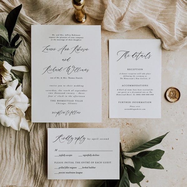 Elegant Wedding Invitation Set, Calligraphy, Elegant Font, Rustic Wedding, RSVP, Details, 100% Editable Template, Instant Download, 050