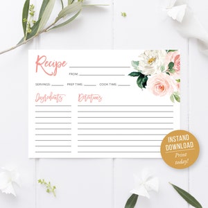 Recipe Card, Pink Rose Bridal Shower Invitation, Instant Download, Blush Floral, Instant Download, Recipe Insert, Templett, 5&quot;x3.5&quot;