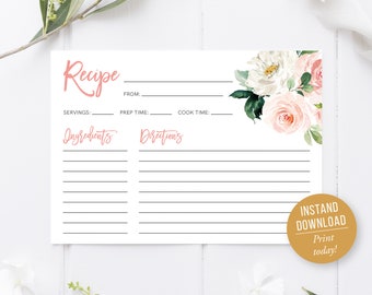 Recipe Card, Pink Rose Bridal Shower Invitation, Instant Download, Blush Floral, Instant Download, Recipe Insert, Templett, 5"x3.5"