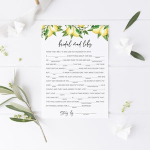 Mad Libs Bridal Shower Game, Summer Citrus Lemon Bridal Shower Template, Guess Who Said It, Instant Download, Templett