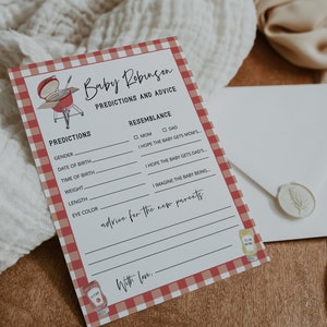 Kaart met voorspellingen en advies voor baby's, BBQ-babyshower, BABYQ-babyshower, broodje in de oven baby, bewerkbare tekst, DIY-babyadvies, 85