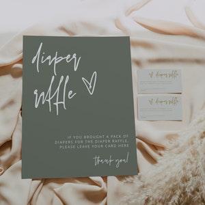 Minimalistyczna gra losowania pieluch, losowanie pieluch na baby shower do druku, szałwiowa zieleń, znak i karta na pieluchy, nowoczesna pieluszka, natychmiastowa, edytowalna, 41 S