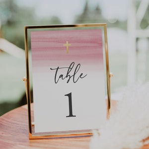 Modelo de número de mesa, números de mesa de batismo, primeira comunhão, batismo rosa, aquarela rosa blush, download instantâneo, 5x7 4x6, editável, 36