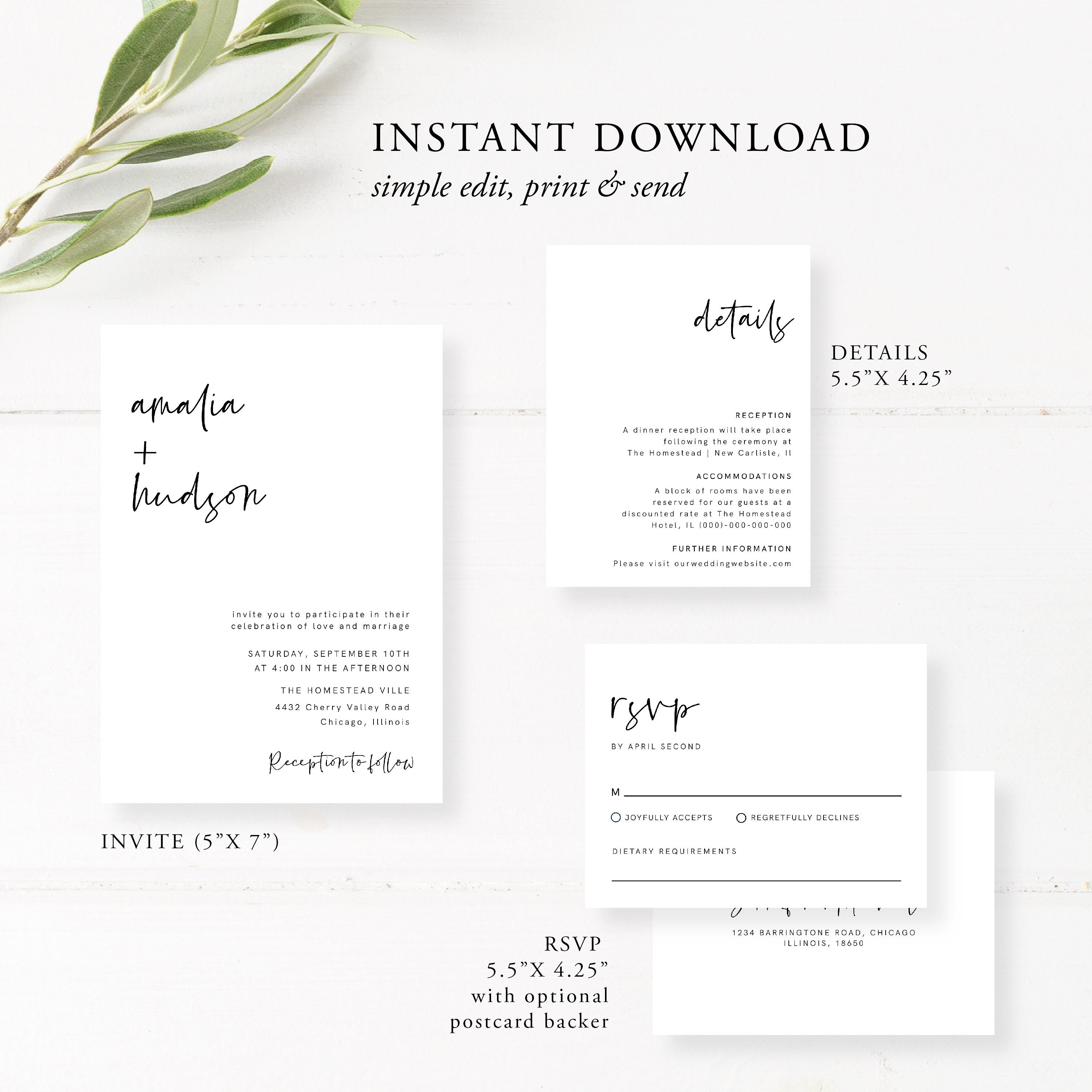 Printable Wedding Invitation Set Wedding Invitation Template Etsy