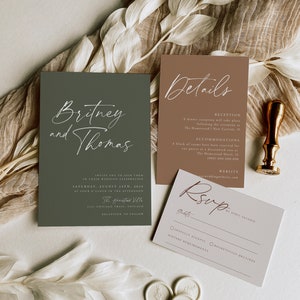Minimalistische Hochzeitseinladung Vorlagensatz, Hochzeitseinladung Vorlage Download, bearbeitbare Einladung Set, Waldgrün, Botanisch, 86