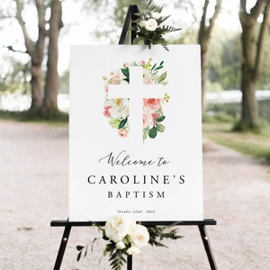 Baptism Welcome Sign Template, Flower Pink, Baptism Decorations, Baptism Girl, Christening Welcome Sign, Floral Baptism Sign, Baptism, 024