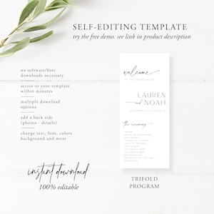 May include: A trifold wedding program template with a black and white design. The template is editable and includes the text "Welcome to the wedding of Lauren and Noah".