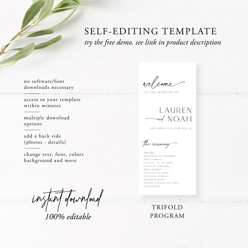 May include: A trifold wedding program template with a black and white design. The template is editable and includes the text "Welcome to the wedding of Lauren and Noah".