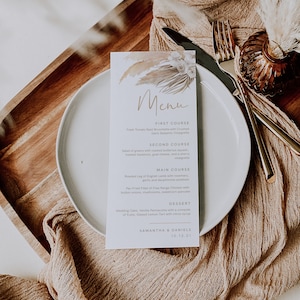Modèle de menu de la pampa, herbe de la pampa, bohème, bohème, neutre, imprimable carte de menu pour le dîner de mariage, modifiable, TÉLÉCHARGEMENT IMMÉDIAT, Templett