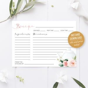 Cartão de receita para chá da tarde para imprimir, convite para chá de panela para imprimir, download instantâneo, encarte de receita, modelo, 5" x 3,5", 23
