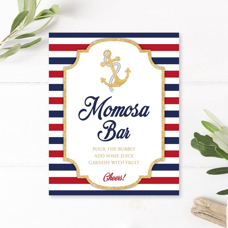 Nautical Baby Shower Momosa Bar Sign , Baby Shower Boy, Dont Say Baby Game Sign, Digital Download, Nautical, Games Anchor, Navy, Gold, Red image 3