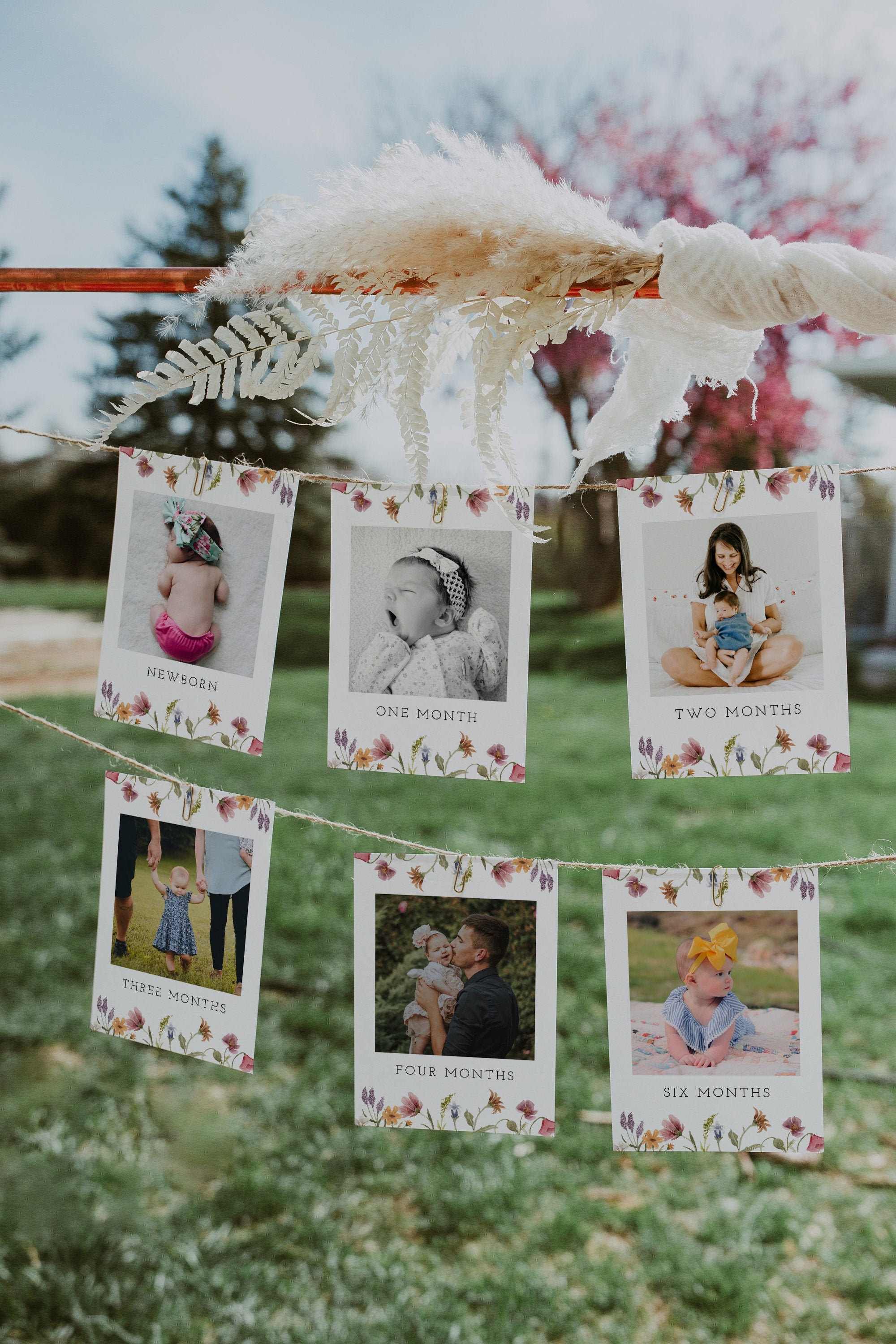 Erstes Jahr Fotos, 1. Geburtstag Foto Display Banner, monatliches Foto Banner, Wildblume, Floral, Mädchen, Download, bearbeitbar, Vorlage, 55