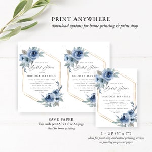 May include: Printable bridal shower invitation template featuring a watercolor design with blue flowers and gold accents. The invitation includes the text "Please join us for a Bridal Shower honoring Brooke Daniels".
