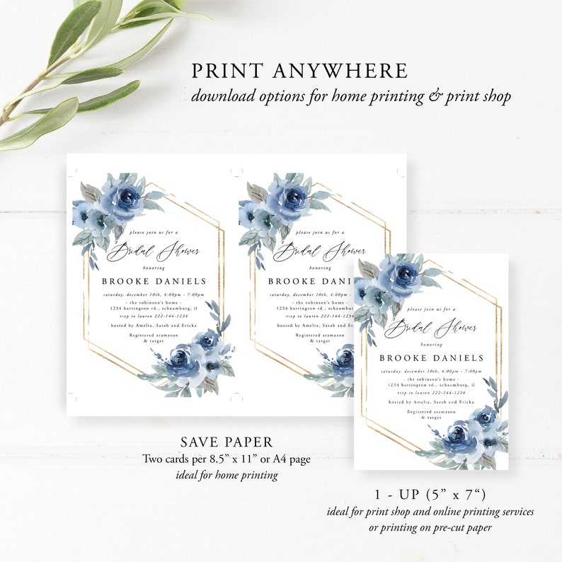 May include: Printable bridal shower invitation template featuring a watercolor design with blue flowers and gold accents. The invitation includes the text "Please join us for a Bridal Shower honoring Brooke Daniels".