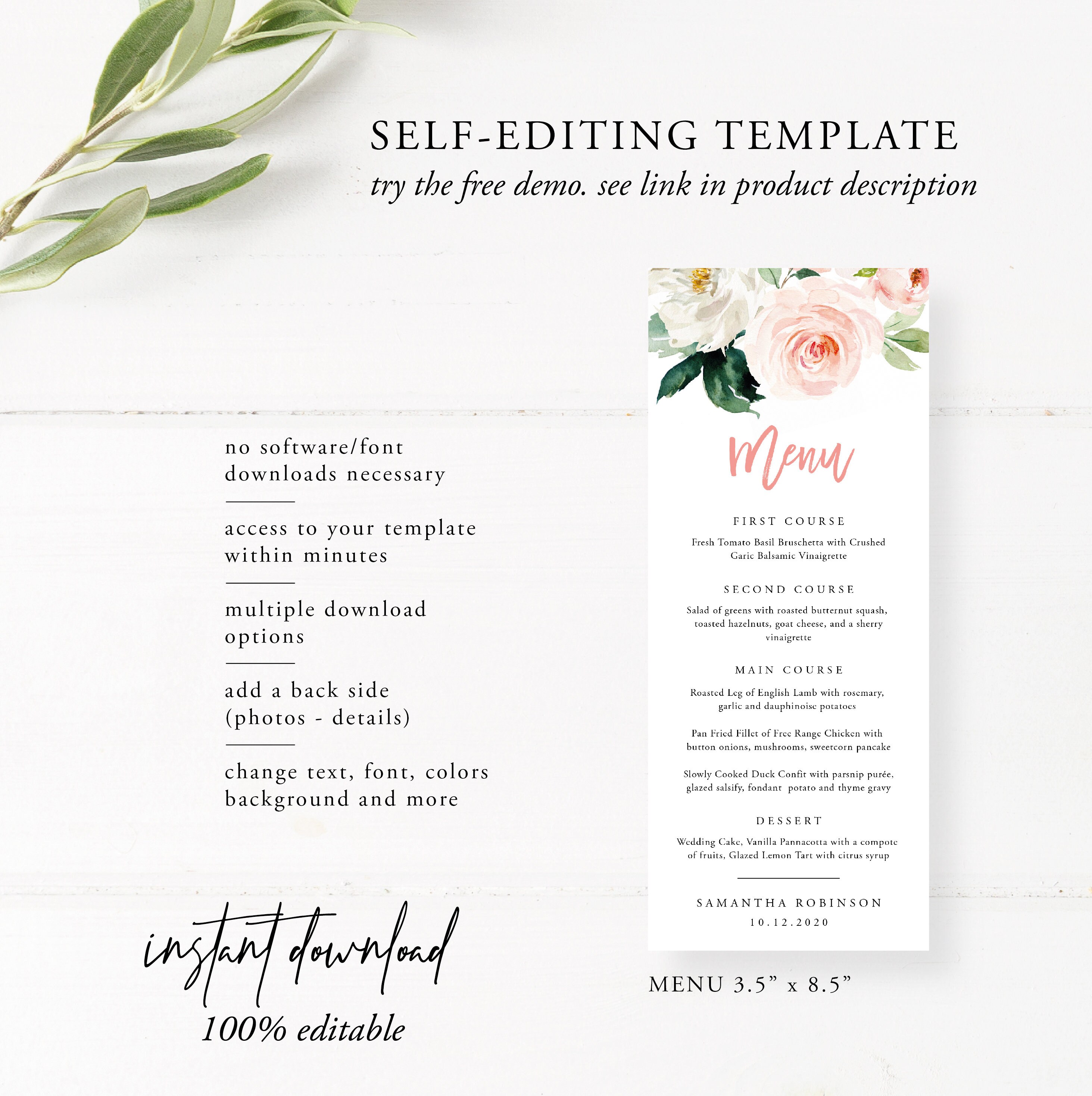 Blush Floral Menu Template Blush Wedding Menu Boho Birthday Etsy