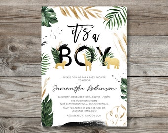 Safari Baby Shower Invitation, Gold, Jungle Invitation, Safari Animals, Lion, Elephant, Instant Download, Template, Safari Invite, Boy