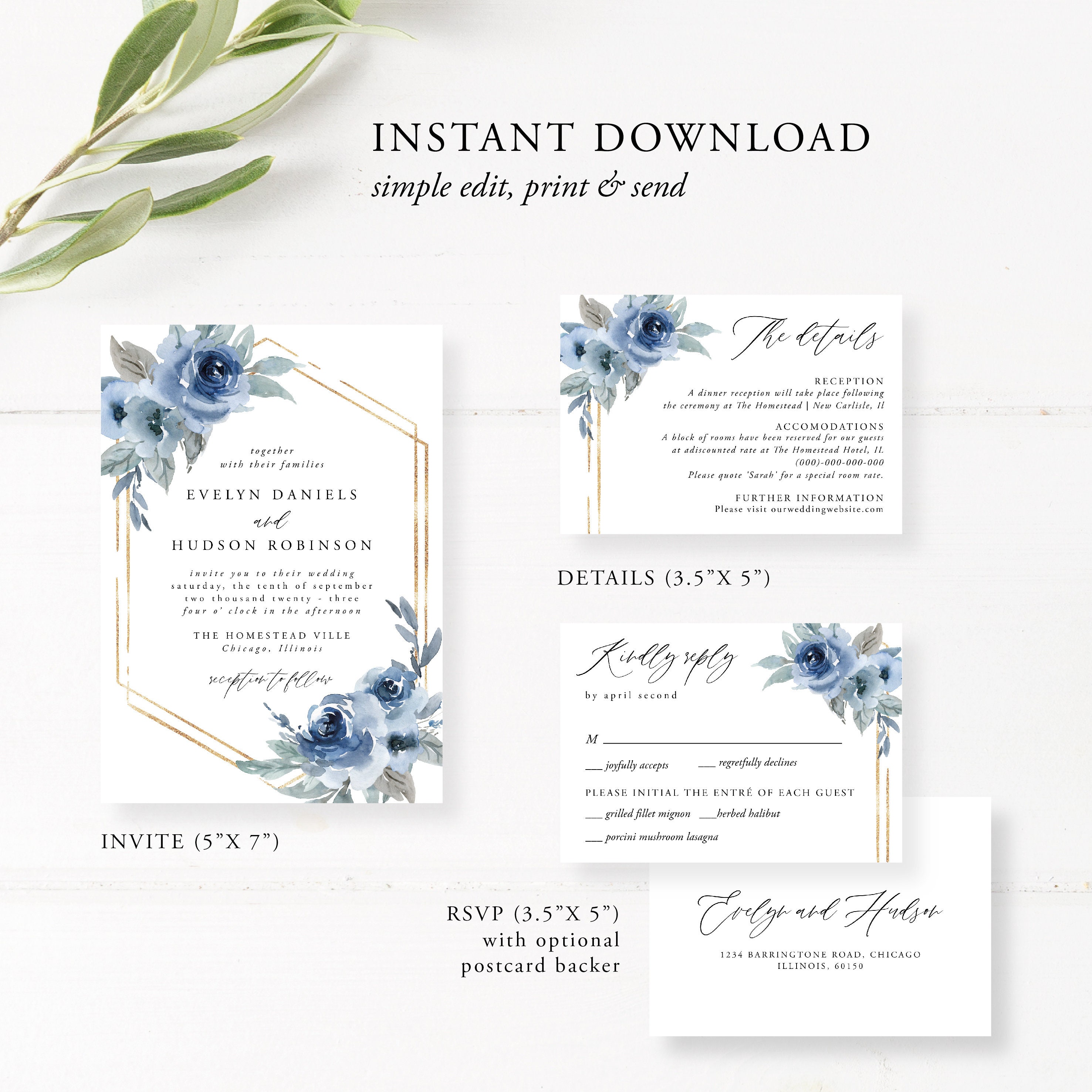 Dusty Blue Wedding Invitation Set Instant Download Template Blue Dusty Blue Wedding Invitation Set Instant Download Template Blue