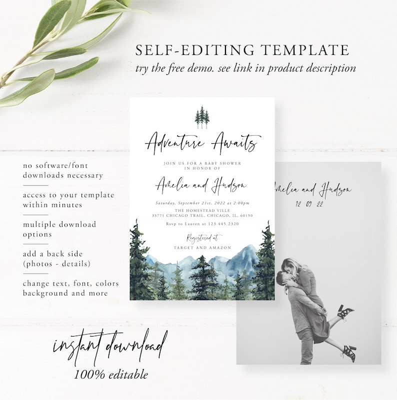 Pu&ograve; includere: Modello di invito per baby shower modificabile con una scena di montagna e foresta ad acquerello. Il testo recita "Adventure Awaits" e include i nomi "Achelia e Hudson".