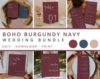 Burgundy Wedding Bundle, Wedding Essential Template, Burgundy Invitation Suite, 100% Editable, Bohemian,  Boho Wedding, Instant Download, 43