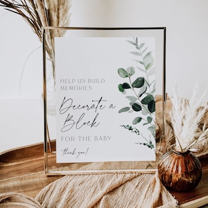 赤ちゃんのためのブロックデコレーション、グリーンベビーシャワー、印刷可能なベビーシャワーゲーム、ブロックデコレーションステーション、ボタニカルベビーシャワー、編集可能、80