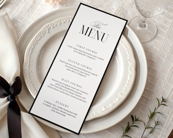 Klassische Hochzeitsmenüvorlage für das alte Geld, bearbeitbare druckbare Menükarte für das Abendessen, digitaler Download, Abendmenü für den alten Geldeingang, Canva, 145