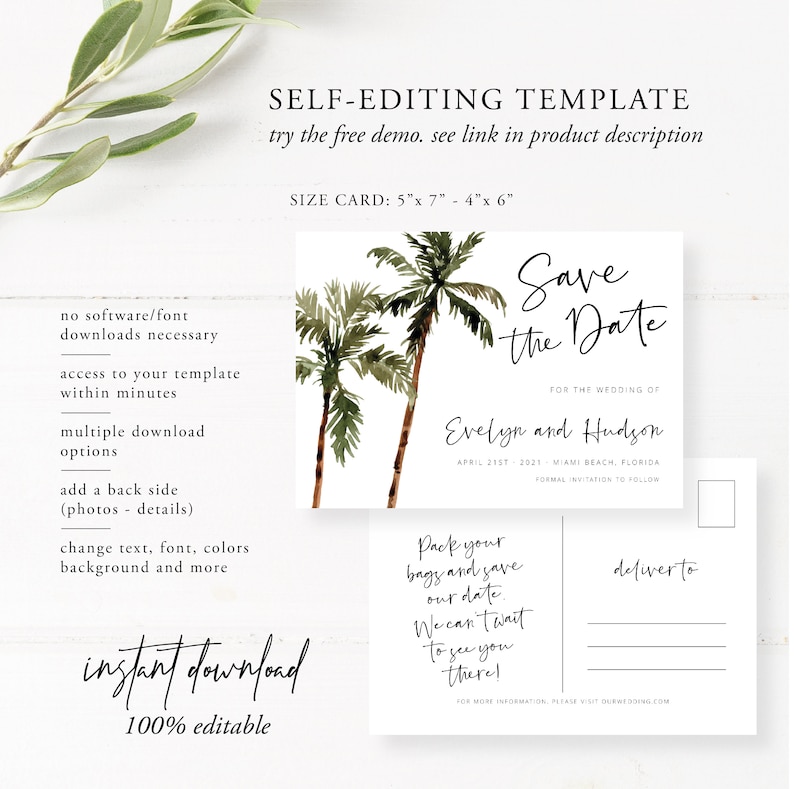 Save the Date Postcard Template, Printable Tropical Destination Save the Date, Beach Save the Date Instant Download, Palm Wedding, 44 image 4