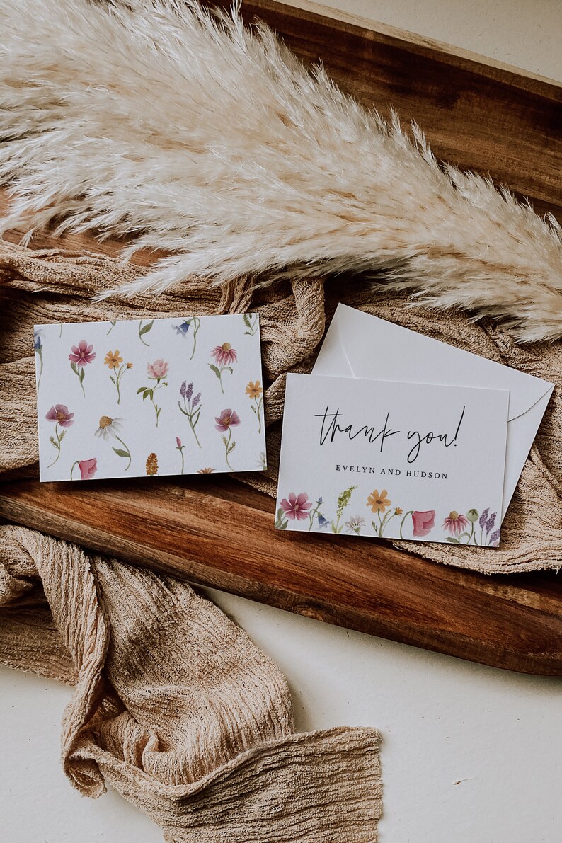 Wildflower Wedding Thank You Card Template, Bright Floral Thank You ...
