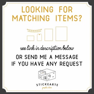 May include: A white graphic with black text that says "LOOKING FOR MATCHING ITEMS?" with a string of flags, a tag, and two blank rectangles. The text below says "see link in description below OR SEND ME A MESSAGE IF YOU HAVE ANY REQUEST" and the bottom of the graphic says "STICKEARTE graphic store".