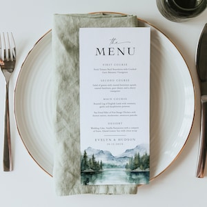 Szablon menu górskiego, menu górskie Woodland, karta menu kolacji weselnej do druku, tekst w 100% edytowalny, natychmiastowe pobieranie, sosna letnia, 126