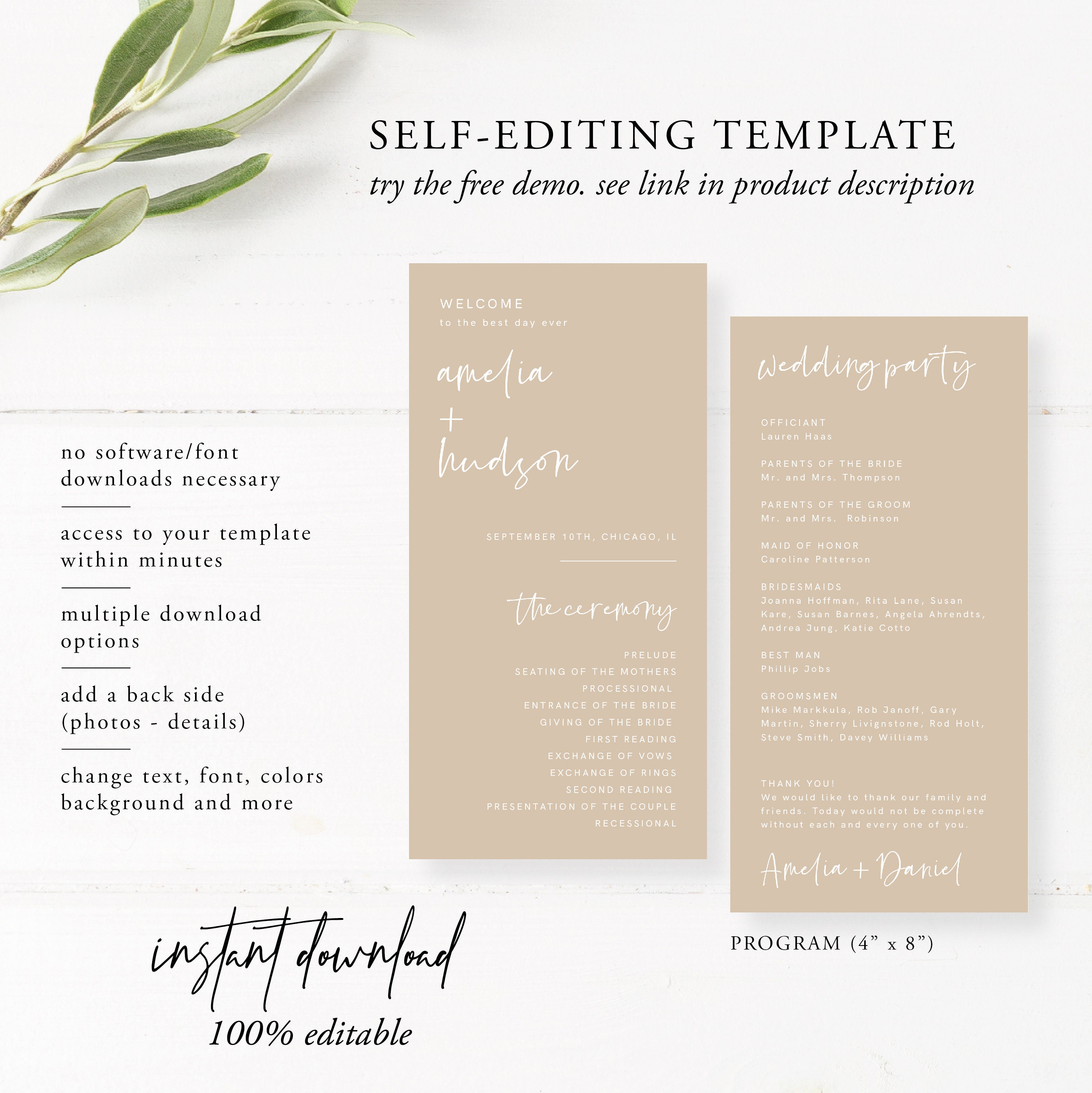 Boho Wedding Program Template, Modern Wedding Program, Beige Earth Tone ...