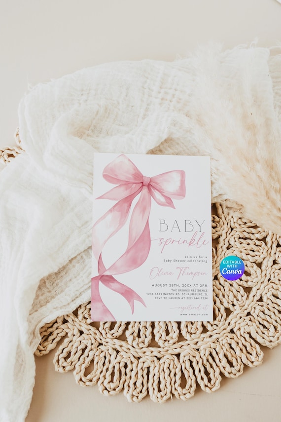 Pink Bow Baby Sprinkle Invitation, Baby Shower Invite, Baby Girl Sprinkle, Soft Delicate Pink Pastel Ribbon, Editable Canva, 134
