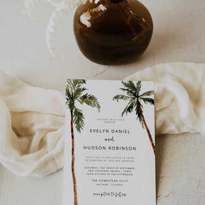 Palm Tree Wedding Invitation Template, Minimal Tropical Wedding Invitation Printable Set, Beach Wedding Invitation, Editable, Download, 44 image 3