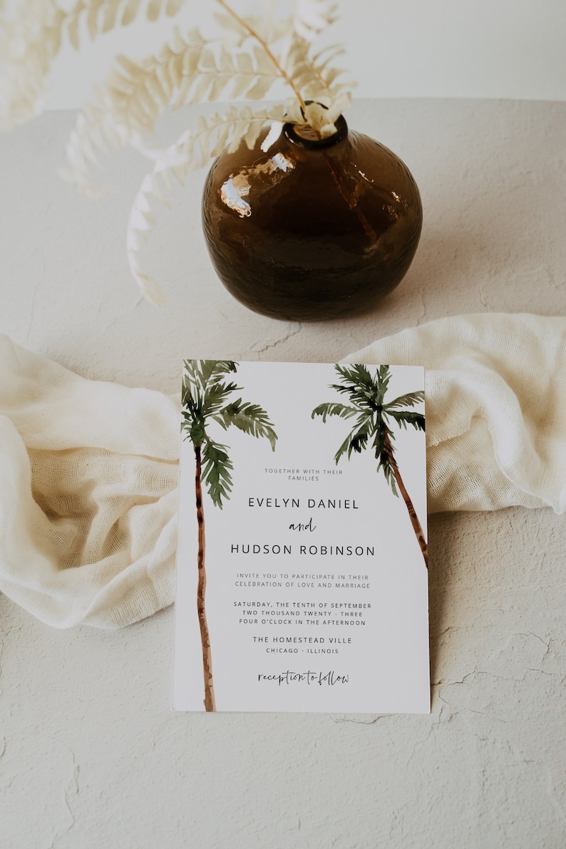 Palm Tree Wedding Invitation Template, Minimal Tropical Wedding Invitation Printable Set, Beach Wedding Invitation, Editable, Download, 44 image 3