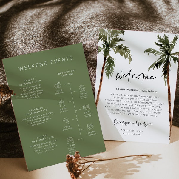 Plantilla de línea de tiempo de boda de palmera, línea de tiempo de boda, línea de tiempo de eventos, itinerario de boda, horario de fin de semana imprimible, bolsa de bienvenida, 44