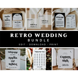Retro Wedding Bundle, Wedding Essential Template, Groovy Wedding, 70&#39;s theme, Boho Retro, 100% Editable, Celestial, Instant Download, 72