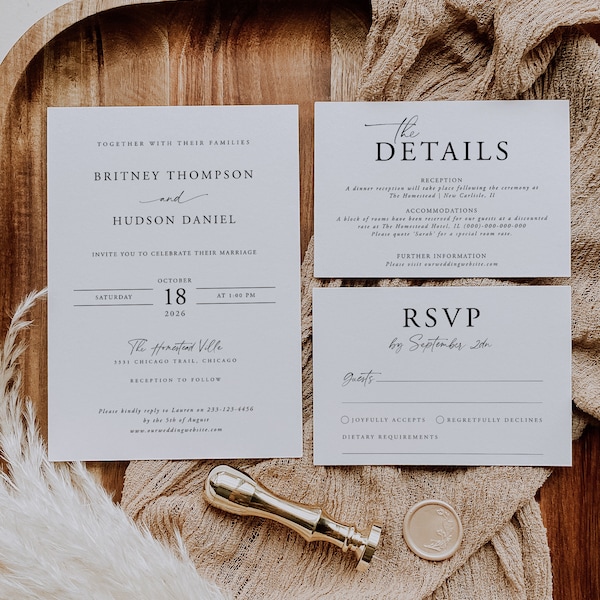 Minimalist Photo Wedding Invitation Set, Simple, Modern Wedding Invite, Printable Wedding, Minimal, Instant Download, Editable Template, 86