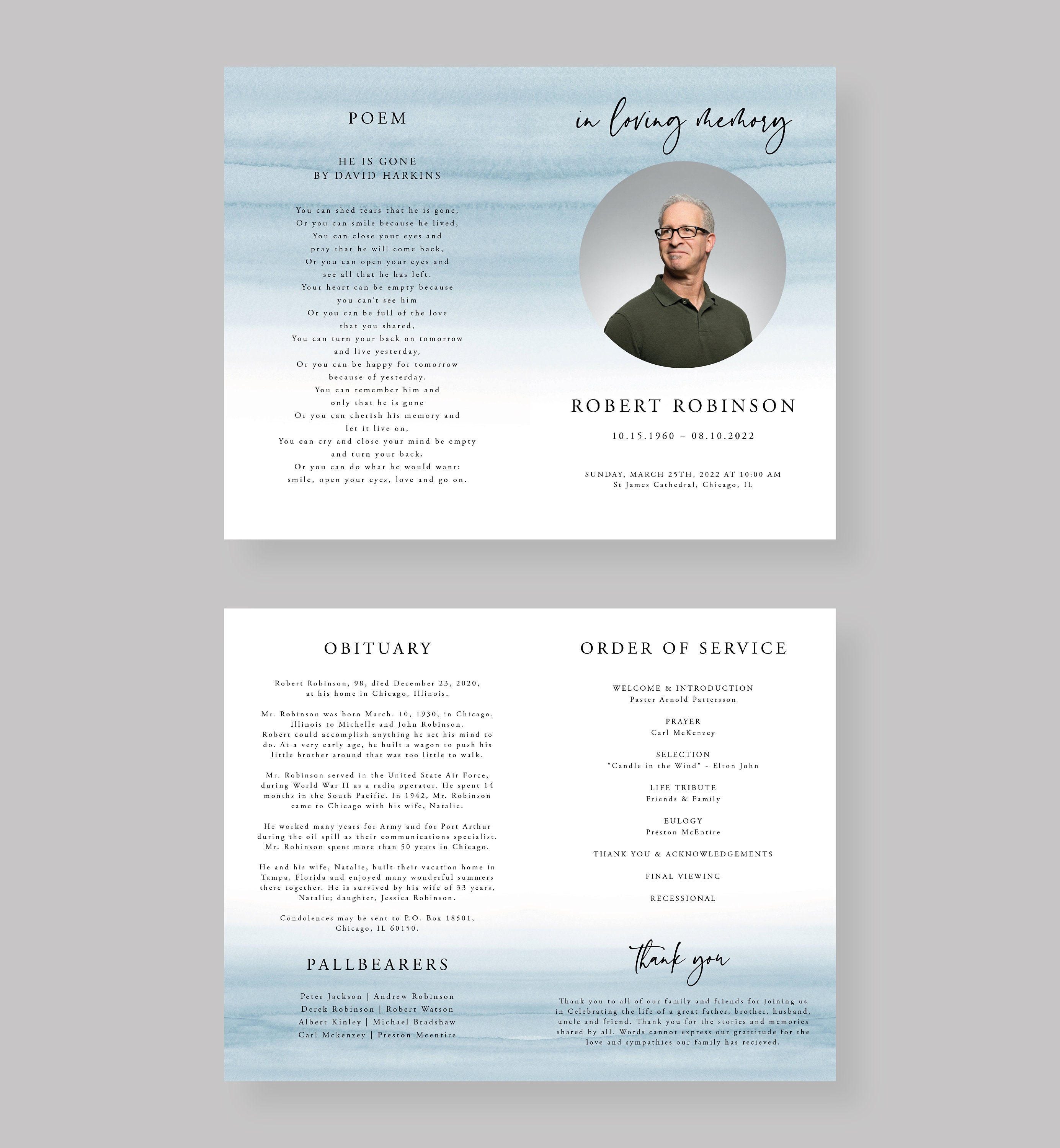 Funeral Program Template Blue Watercolor Minimalist | Etsy