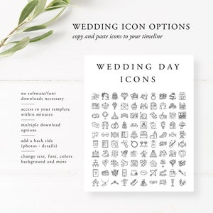 May include: A black and white graphic with wedding day icons. The icons include a wedding arch, cake, rings, champagne flutes, and more. The text "WEDDING DAY ICONS" is at the top of the graphic.