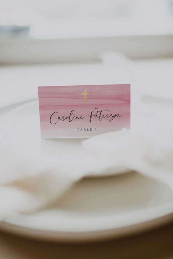 Pink Baptism Place Card Template Printable Place Cards Pink Etsy