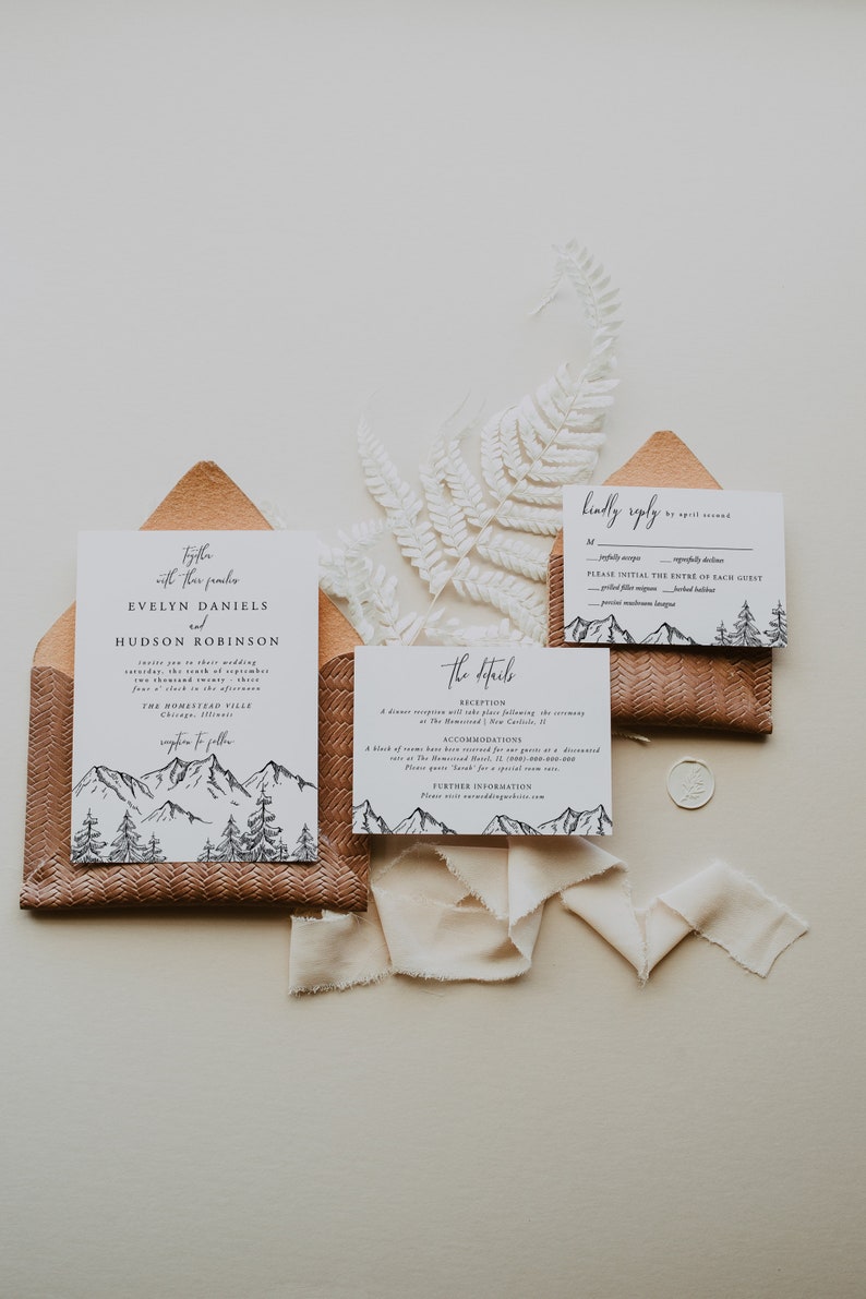 Mountain Wedding Invitation Set, Mountain, Woodland Pine, Rustic Wedding, Lakeside Editable Template, Instant Download, Templett, 001 image 3