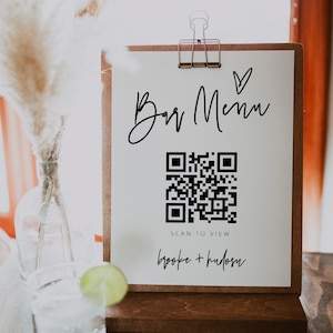 Modelo de menu de barra QR, casamento moderno, digitalize para visualizar, placa de menu de barra com código QR minimalista, placa de bebida de casamento para impressão, editável, download, 41