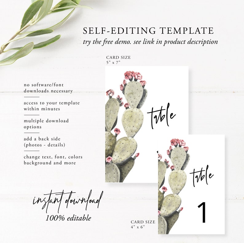 Cactus Table Number Card Template, Cactus Wedding Table Number, Desert ...