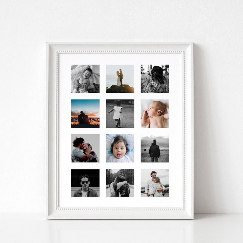 May include: A white picture frame with a collage of 12 black and white photos. The photos show a variety of people and scenes, including a couple kissing, a baby sleeping, and a family portrait.