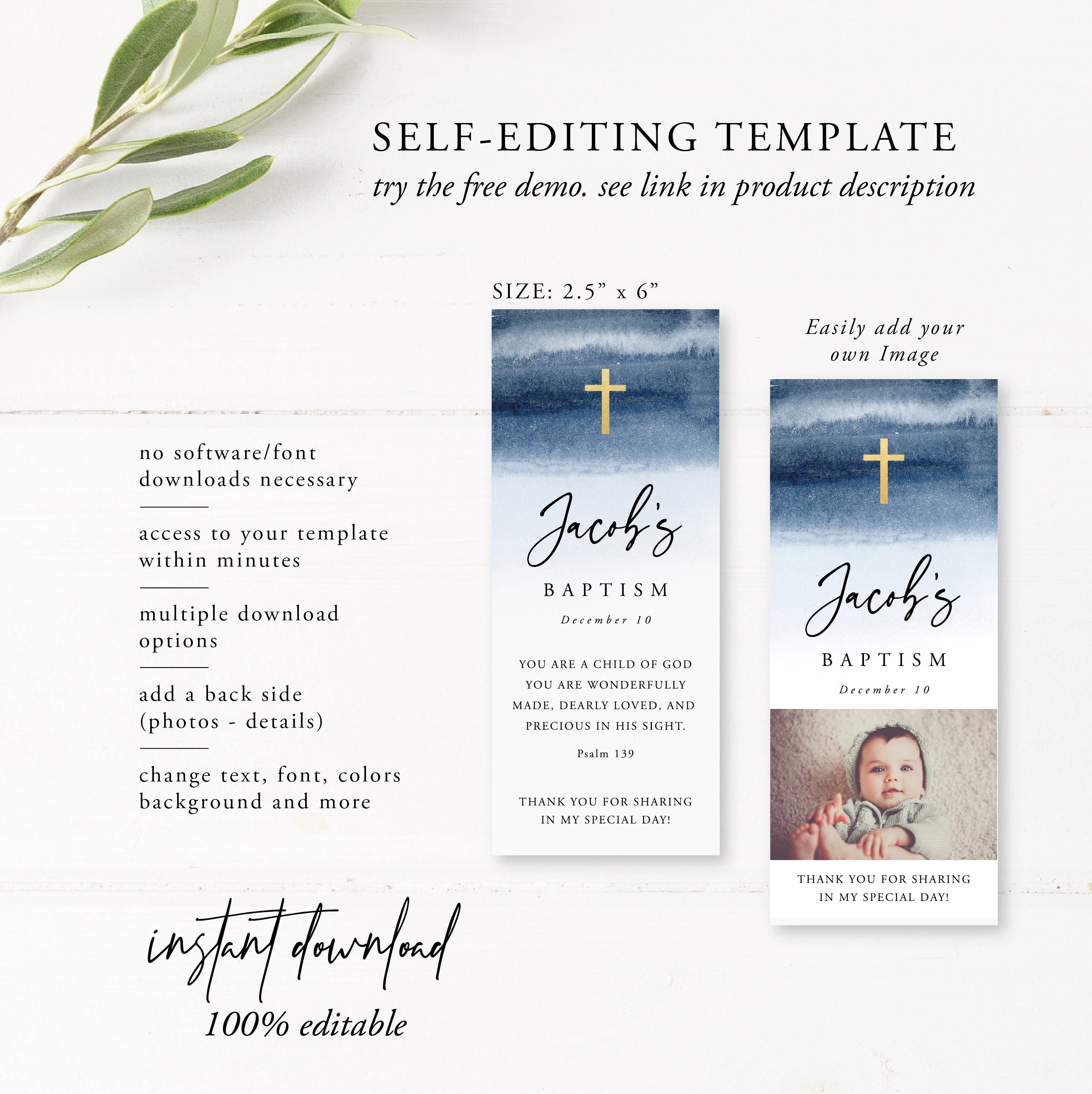 Baptism Bookmark Template Instant Download Editable Bookmark | Etsy