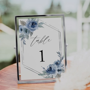 Dusty Blue Table Number Card Template, Dusty Blue Silver Wedding Table Number, Silver, Editable, INSTANT DOWNLOAD, Templett, DIY, 06
