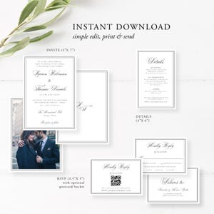Puede incluir: Un conjunto de papeler&iacute;a de boda blanca con texto negro, que incluye invitaciones, tarjetas de detalles y tarjetas RSVP. La invitaci&oacute;n mide 12,7 cm x 17,8 cm y presenta los nombres de la pareja. La tarjeta RSVP incluye un c&oacute;digo QR. El texto "INSTANT DOWNLOAD" est&aacute; en la parte superior.