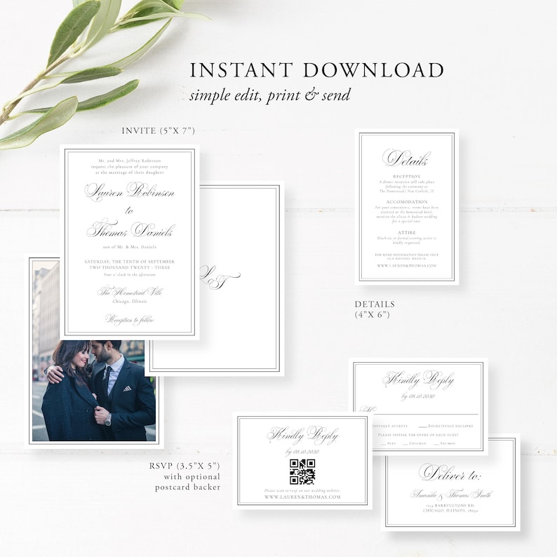Puede incluir: Un conjunto de papeler&iacute;a de boda blanca con texto negro, que incluye invitaciones, tarjetas de detalles y tarjetas RSVP. La invitaci&oacute;n mide 12,7 cm x 17,8 cm y presenta los nombres de la pareja. La tarjeta RSVP incluye un c&oacute;digo QR. El texto "INSTANT DOWNLOAD" est&aacute; en la parte superior.