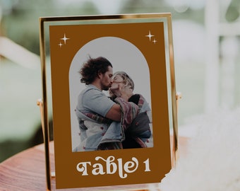 Photo Table Number Card Template, Retro Wedding Table Number, Arch Photo Table Number, Copper, Celestial, Editable, Instant, DIY, 72